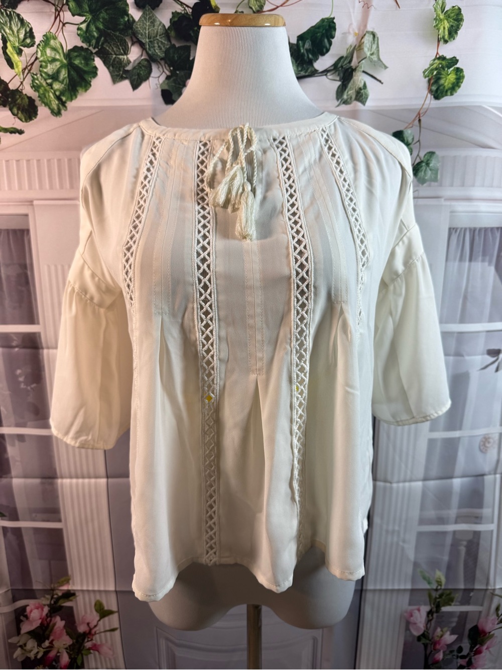 Express Cream Crochet-Trim Peasant Blouse - Picture 1 of 4